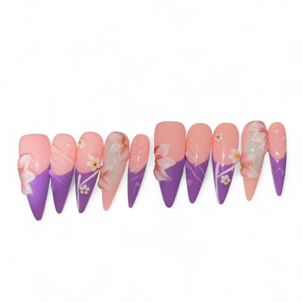 luxury press on nails in pink and purple with 3D‎ floral nail art